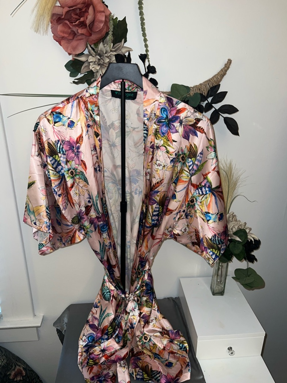 Floral Satin Kimono Robe - Pink